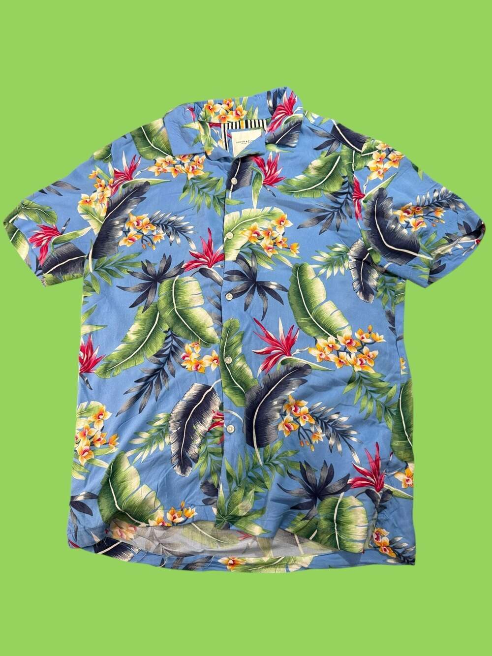 Denim & Flower Ricky Singh Mens Blue Floral Birds of Paradise Short Sleeve Butto